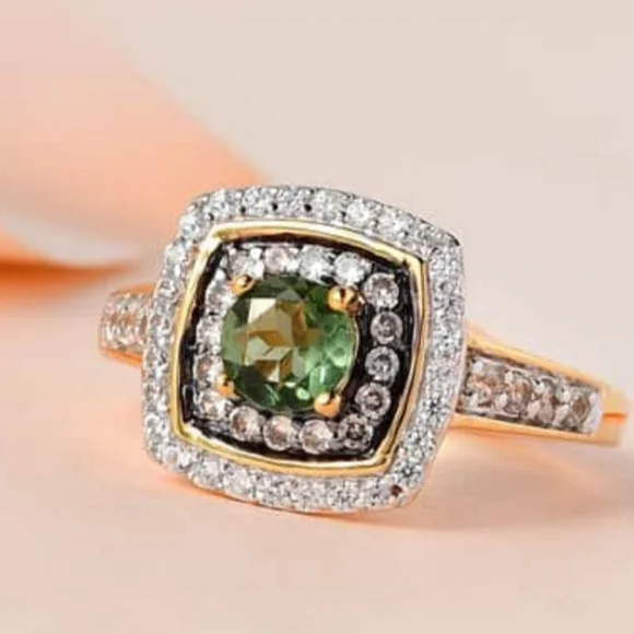 Genuine Tanzanian Green Apatite, White & Champagne Zircon 18k/925 💍 Sz 6 - Picture 3 of 6
